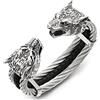 COOLSTEELANDBEYOND Bracciale Braccialetto Cuff in Pelle Nera con Tre Teste di Lupo in Acciaio Intrecciato a Tre Righe per Uomo, Regolabile