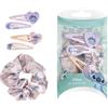 CARTOON Set Accessori Capelli Stitch e Angel Disney Bambina 5 Pezzi con Scrunchie Rosa Fermagli Clic Clac e Clips con Charm Cuore Kit Acconciature Kawaii in Custodia PVC Trasparente Idea Regalo 15 x 8 x 4 cm