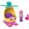 Polly Pocket Mini veicolo da collezione in metallo, bambola snodata e set di animali domestici, bambola Polly's Friend con elicottero ananas e fenicottero rosa acceso