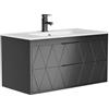 UEV 90CM Mobile Bagno Sospeso con Lavabo Ceramica, Motivo a Linea, Nero | Lavandino Bagno con 2 Cassetti, Lavandino con Mobiletto Moderno, Soft-Close