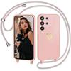 IBETEK Cover per Samsung Galaxy S23 Ultra 5G con Cordino, Custodia con Laccio Collana Regolabile Morbida TPU Silicone Case con Motivo Cuore AntiGraffio Antiurto Protettiva Cover per S23 Ultra 5G,Rosa