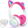 I love e iFecco IFECCO Cuffie Bluetooth per bambini senza fili con custodia - Cuffie over-ear con luci LED, orecchie da gatto, limitazione del volume a 85 dBA, microfono integrato, compatibili con iPad/tablet/scuola