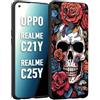 CUSTOMIZZA - Custodia cover nera morbida in tpu compatibile per Realme C21Y - C25Y teschio skull flowers fiori rose rosse tattoo disegnato