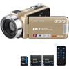 ORDRO B320 - Videocamera 1080P con scheda da 16GB, zoom digitale 18x, visione notturna, schermo touch rotante a 270°, fotocamera Full HD 1080P 30MP, 2 batterie, oro
