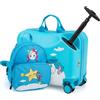 GYMAX Set di 2 Pezzi Valigia e Zaino per Bambini, Trolley Bagaglio a Mano Cavalcabile con Cinghia e Tracolla, Valigia Rigida da 47 cm con Ruote e Zaino da 30 cm, Regalo per Bambino e Bambina