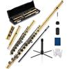 AKLOT Flauto da concerto in Do a foro chiuso: strumento flauto con 16 tasti, offset G, tasti lisci in nichel argento, cuscinetti ermetici, include elegante custodia rigida in pelle, kit di pulizia