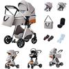 YAZOCO Passeggino 3 in 1, Trio, Passeggino Canne, Con Seggiolino Accessori,Adattatori universali, 4 ruote con ammortizzatori, navicella (3 in 1 LV9 Grigio argento)