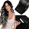 LaaVoo Genius PU Trama Extension Capelli Veri Biadesivo Nero Naturale con Silver 40cm 90g 4pcs,Capelli Remy,Setosi e Lucenti,Look alla Moda #1B-S-1B