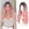 FESHFEN Parrucca Lunga Ondulata - Lace Front Parrucca per Donna Lunghe Ondulate Ombré Rosa Wigs Naturali Sintetici Capelli Parrucche Uso Quotidiano Festa, 60 cm