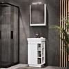 Planetmöbel Nyx - Set di mobili da bagno da 3 pezzi, lavabo con mobiletto inferiore, 45 x 85,9 x 42 cm, bianco, con armadietto a specchio 50 x 65 x 11,4 cm, con luce LED e rubinetto da bagno, cromato
