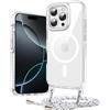Galful Magnetica Custodia per iPhone 14 Pro con Cordino Compatibile con MagSafe Traslucida Cover PC Sottile TPU Antiurto Protettiva Trasparente Case con Nylon Catena Collana Tracolla-Bianco
