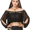 NPYQ Costume di danza del ventre per donna Girocollo a maniche lunghe Maglietta con monete Camicia Top Carnevale Abiti da ballerina Abiti di danza del ventre