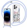 Saqmkil Magnetica Cover con Cordino per iPhone 15 Pro 6,1, Compatibile con MagSafe Custodia con Collana Tracolla Laccio, Trasparente Aesthetic Disegni Fiori TPU Silicone Antiurto Protettiva Case, Blu