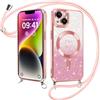 ZhuoFan Magnetica Custodia per iPhone 14 6,1 con Cordino, Glitter Sfumato Case Compatibile con MagSafe Trasparente Aesthetic Motivo Cuore Disegni Cover Fotocamera Protezione con Collana,Rosa