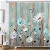 hometrixx Tenda Doccia Rustico Fattoria 180 x 200 cm Floreale di Margherita Verde Bianco Legno Farfalla Poliestere Impermeabile Tenda Vasca da Bagno con 12 Ganci Lavabile in Lavatrice per Casa Hotel