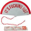 Fisura - Ventaglio originale con frase "It's f*cking hot". Accessorio reversibile in legno. Ventilatore portatile rosso bianco vivace. Gancio incluso. Dimensioni: 42,5 x 23 cm
