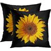 Emvency Set di 2 federe per cuscini con girasole giallo su sfondo nero, federe decorative in poliestere 40,6 x 40,6 cm, quadrate, con cerniera nascosta, cuscino decorativo per la casa