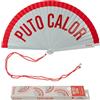 Fisura - Ventaglio originale con scritta "P*to calor". Accessorio reversibile in legno moderno e colorato. Ventilatore portatile rosso bianco. Gancio incluso. 42,5 x 23 cm