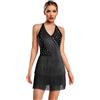 Jugaoge Body da donna lucido latino, con allacciatura al collo, senza schiena, con frange, gonna salsa cha-cha rumba, Nero , L