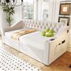 TIZZ Divano letto imbottito 90 x 190 cm, tessuto di velluto, braccioli più larghi e spessi con porta di ricarica USB, ripiano integrato nei braccioli, con tasche per riporre oggetti, colore: beige