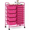 GYMAX Carrello Portaoggetti con 15 Cassetti Staccabilea, Carrellino Salvaspazio con Ruote, per Uffici, Parrucchieri, Studio, Soggiorno, 62,5 x 37 x 87 cm (ROSA)