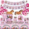 Obussgar 159 Pezzi Decorazioni per Feste di Compleanno a Cavallo-Banner di Buon Compleanno a Tema Cavallo Rosa, Piatti di Carta Tovaglioli Tazze Palloncini Torta Cupcake Topper Tovaglia per Forniture