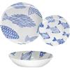COSE DA CASA Servizio di Piatti 18 Pezzi Set 6 posti tavola Completo con Decorazione marine mare Pesci Blu per eleganza stile Casa al Mare in Porcellana
