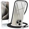 Micnkifo Cover con Cordino per iPhone 15 Pro Max, Trasparente Silicone Sottile Morbido Custodia con Regolabile Collana Laccio Tracolla, Antigraffio Antiurto Proteggere Case con Corda, Nero