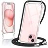 Micnkifo Cover con Cordino per iPhone 15, Trasparente Silicone Sottile Morbido Custodia con Regolabile Collana Laccio Tracolla, Antigraffio Antiurto Proteggere Case con Corda, Nero