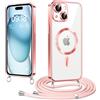Micnkifo Elettrolitico TPU Magnetica Cover con Cordino per iPhone 15 Plus, Compatibile con Magsafe Ricarica Wireless, Antiurto AntiGraffio con Collana Regolabile per iPhone 15 Plus, Rosa