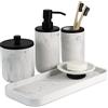 L'MKI Set di accessori da bagno moderno, con dispenser di sapone e portaspazzolino, nero opaco effetto marmo