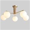 KCO Plafoniera Sputnik 5 Luci Mid-Century Moderna, Globi Vetro Bianco Latte Opaco, Legno Massello e Metallo Dorato, E27 Lampadine Incluse, Cucina Camera Soggiorno