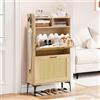 Dripex Scarpiera stretta, con decorazione in rattan, 2 cassetti, scarpiera sottile con piedini in metallo, scomparti regolabili per ingresso, corridoio e soggiorno, 60 x 24 x 114 cm