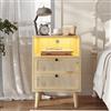 AOGLLATI Comodino Rattan con 2 Cassetti e Scomparto Aperto, Comodino Piccolo con Luci LED, Comodini in Legno Tavolo Laterale Stretto con Gambe in Pino per Soggiorno, Camera da Letto