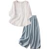 Generic Set di due pezzi da donna in cotone ricamato artistico a maniche corte in lino ricamato girocollo camicia a gamba larga pantaloni a due pezzi set estivo quotidiano casual cotone loungewear, Blu, M