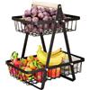Hikrxya 2 Piani Cesto di Frutta Nero - Alzatina Portafrutta a Ripiani con Manico in Legno - Rimovibile Cesto Portafrutta in Metallo da Tavolo per Pane Verdura Spuntini Cucina Ufficio