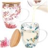 bssmmai 2 bicchieri da latte macchiato a doppia parete con cucchiaio, 350 ml, a doppia parete con coperchio, a doppia parete con manico, bicchieri termici con fiori secchi (rosa, blu)