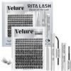 RITALASH Kit di ciuffetti per ciglia con curvatura a D, extension per ciglia, extension per ciglia, extension per ciglia + colla per rimuovere le ciglia, pinzette da 8-18 mm, da usare a casa (kit velure)