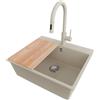 PRIMAGRAN Lavandino da Cucina Beige 58x50cm, Lavello in Granito a 1 vasca + Rubinetto 40x20cm + Set di accessori, Lavabo da Cucina Incasso al Mobile 60cm - Riga S363
