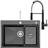 CECIPA 68x48 cm Lavello Nero Inox con Arco Rubinetto Cucina Molla, Lavandino Cucina Nero 1 Vasca Acciaio con Dispenser Sapone per Mobile da 70 cm