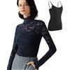 QiuDumo 2 Set Donna Trasparente Camicia Di Pizzo Biancheria Intima Sexy Maniche Lunghe Collo Alto Top con Canotta - blu - M