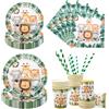 Aitsite Set di 100 piatti per feste di compleanno per 20 ospiti, animali della foresta, piatti usa e getta, bicchieri di carta, tovaglioli, cannucce, decorazioni per feste