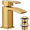 Hapilife Rubinetti per lavabo Miscelatore a cascata con scarico a scomparsa Rubinetti per lavabo da bagno in oro spazzolato Rubinetti miscelatori quadrati oro mono guardaroba rubinetto monoblocco 1