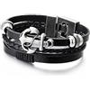 COOLSTEELANDBEYOND Uomo Donna Ancora Vela Corda Nero Cuoio Intrecciato Braccialetto, Tre File Cuoio Pelle Bracciali Avvolgere