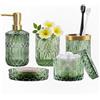 LaMarriti Set completo di 5 accessori da bagno in vetro, dispenser per lozione, portasapone, portaspazzolino, bicchiere, bastoncini di cotone, decorazione moderna per il bagno e set regalo, verde