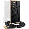 YAMCCCSE Cover per Samsung Galaxy S21 FE con Collana Amore Cuore Custodia per Silicone Sottile Laccio Tracolla Case con Protezione Fotocamera Dorata Placcatura Cornice Paraurti, Nero