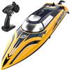 DEERC Barca RC veloce da 14 con LED, 30+ minuti di guida, 20+ MPH, barca a velocità telecomandata autoallineante per piscina e mare, vernice a strisce, regalo estivo per bambini e adulti.
