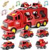 Dcceeo 7 en 1 Camion Pompieri Giocattolo, Camion Trasportatore Macchinine con 6 Mini Camions dei Pompieri Camion dei Pompieri ad Inerzia avec Luci e Suoni Regalo per Ragazzi Ragazze di 3 4 5 6 7 anni