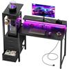 SOLAVERO Scrivania Gaming LED con Presa, 112cm Scrivania Computer Reversibile con Ripiani & Cassetti in Tessuto, Tavolo Gamer con Supporto per Monitor e Gancio per Cuffie, Nero