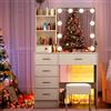 Dradaomull Tavolo da toeletta con illuminazione a LED e specchio, 10 lampadine dimmerabili, 5 cassetti, 3 colori di luce regolabili, guide scorrevoli senza attrezzi e ripiani aperti (bianco-7)